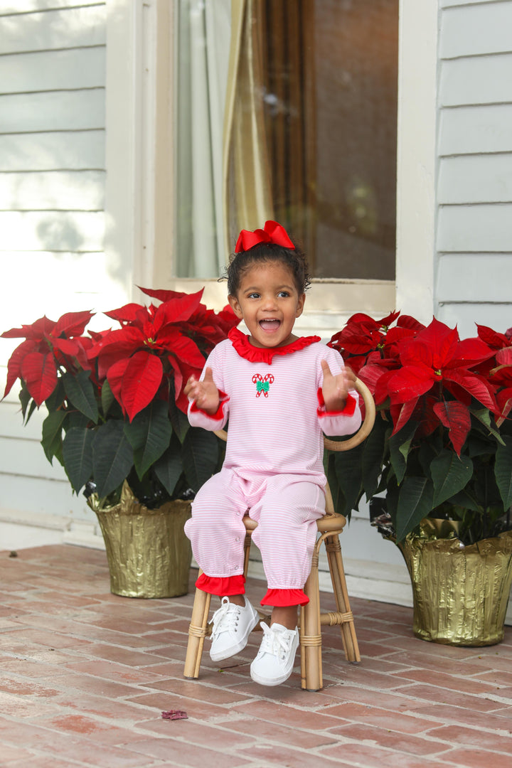 Candy Cane Baby Girl Embroidery Ruffle Romper