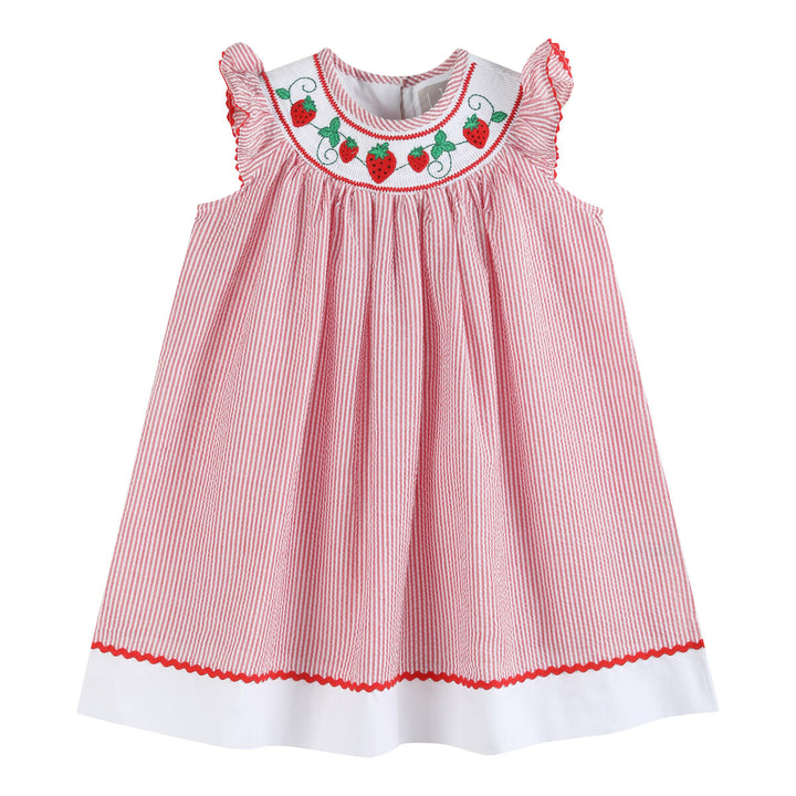 Red Seersucker Strawberry Smocked Bishop Dress