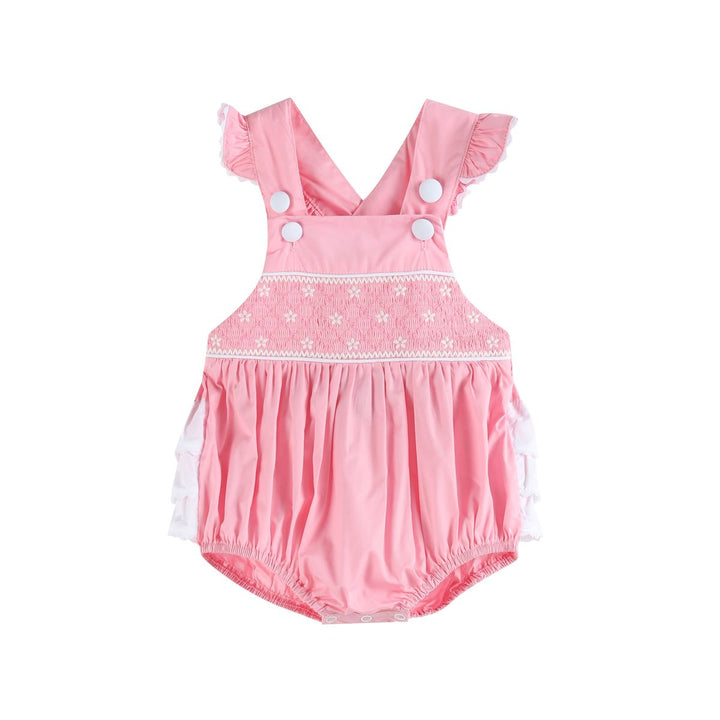 Pink and White Flower Smocked Girls Ruffle Romper