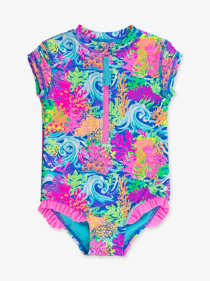 Girls Neon Ocean Coral Short Sleeve Rash Guard Swimsuit