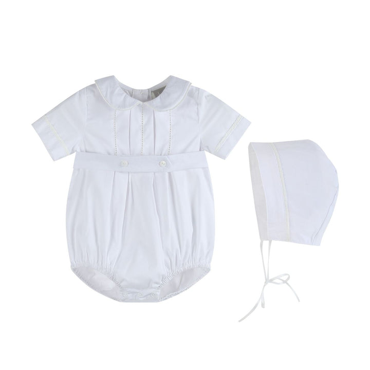 White Collared Button Romper with Bonnet