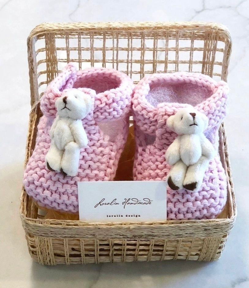 Pink Teddy Bear Booties in Basket