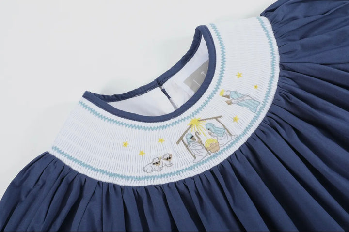 Dark Blue Nativity Smocked Bishop Dress