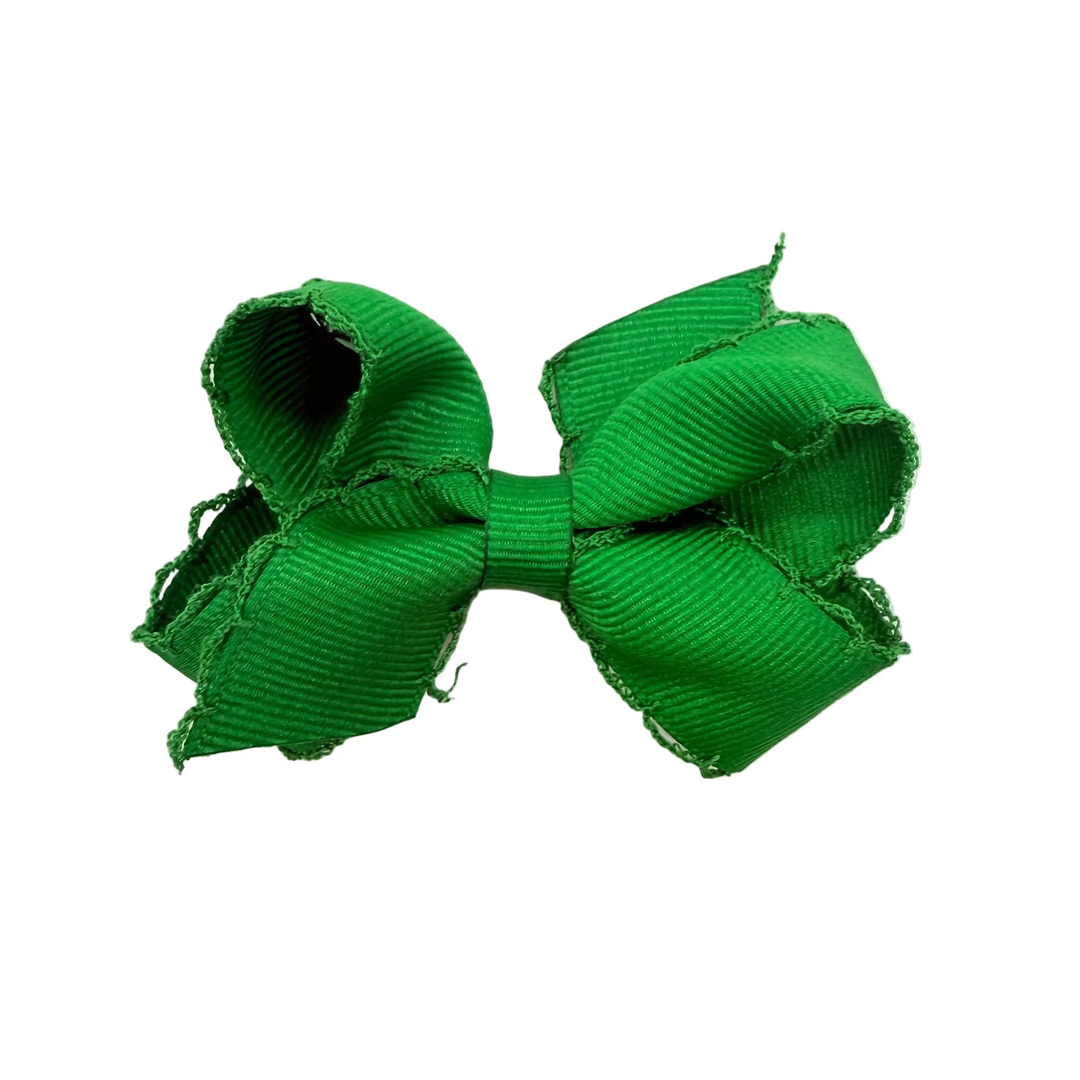 Mini Grosgrain Hair Bow with Matching Moonstitch Edge - Green
