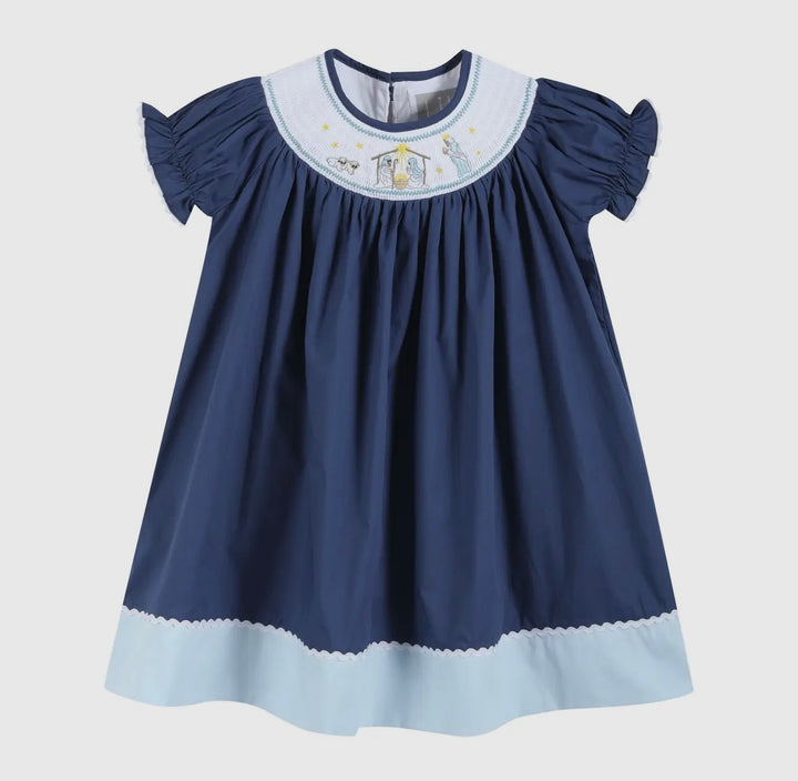 Dark Blue Nativity Smocked Bishop Dress