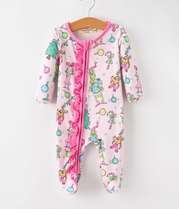 Girls Pink Christmas Grinch Footie