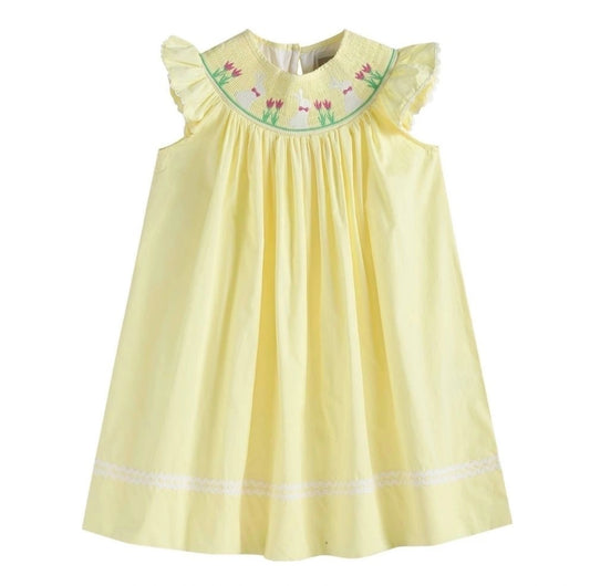 Yellow Easter Bunny and Flowers Smocked Bishop Dress: 3-6M, 4T