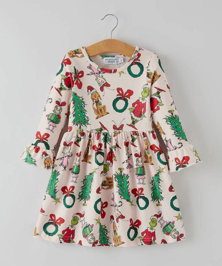 Girls Grinch Character Dress with Bell Sleeves