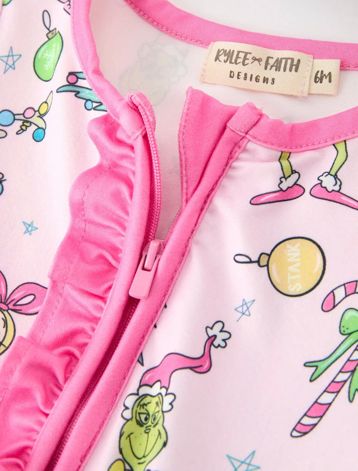 Girls Pink Christmas Grinch Footie