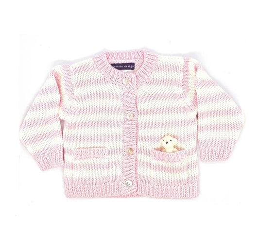 Striped Pink Bear Infant Cardigan Sweater: 0-6M