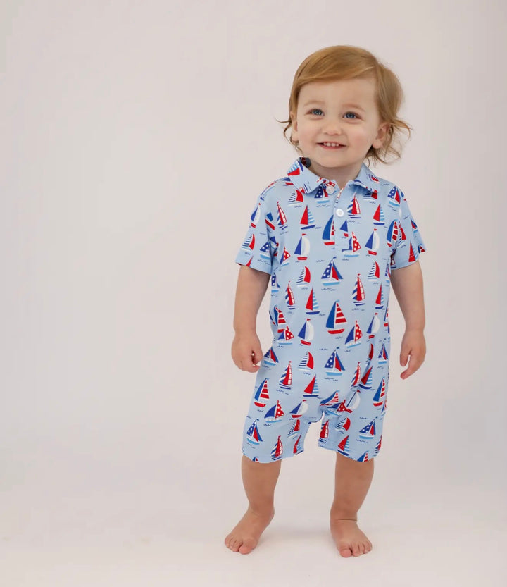 Sail Away Polo Romper (Bamboo)