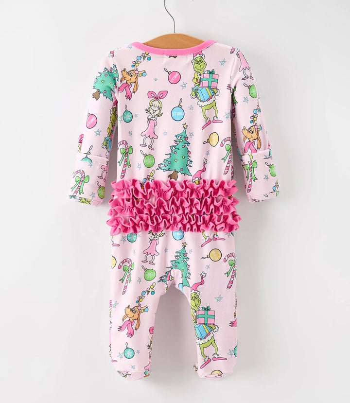 Girls Pink Christmas Grinch Footie