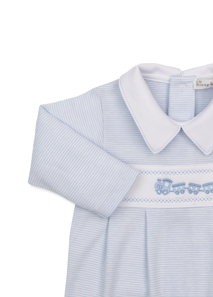 Boys Playsuit | Classic Treasures Light Blue Trains