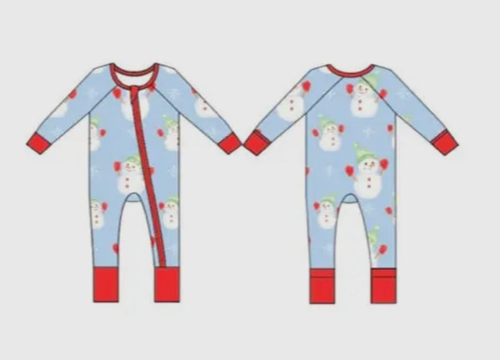 Snowmen on Blue Bamboo Zipper Onesie
