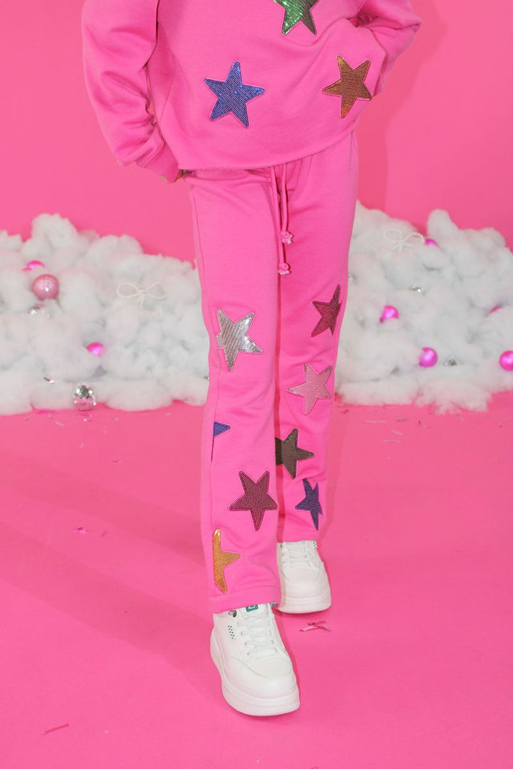 Girls Sequins Stars Applique Pants - Carmine Rose