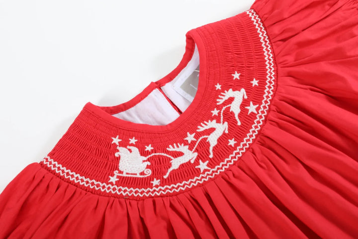 Red Santa Sleigh Smocked Bishop Dress