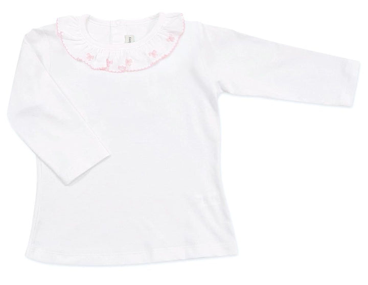 Pink Bows White Basic Girl Long Sleeve Pima Cotton Blouses