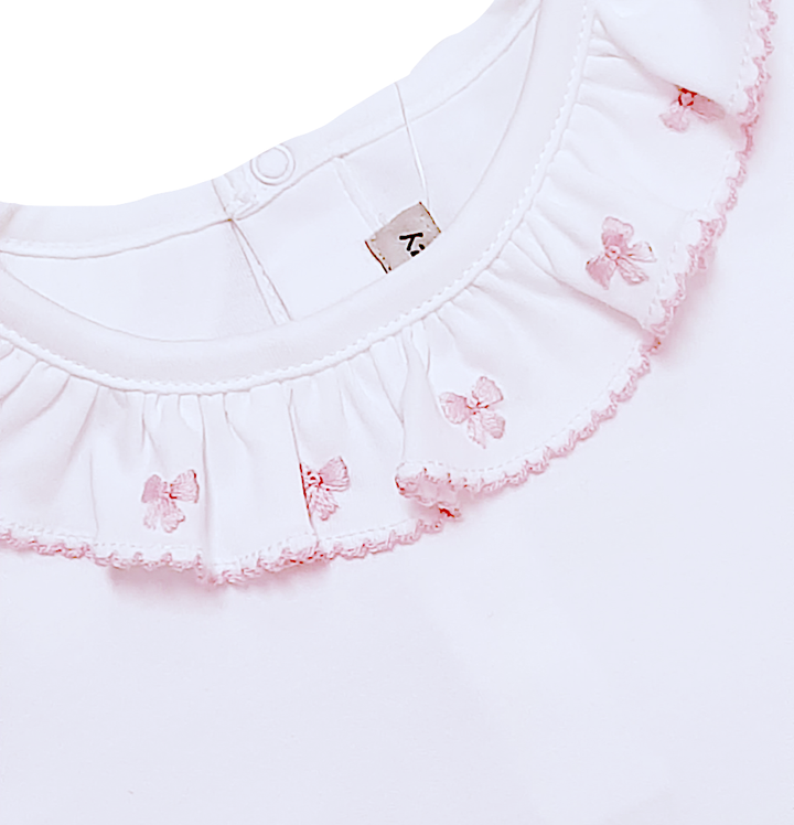 Pink Bows White Basic Girl Long Sleeve Pima Cotton Blouses