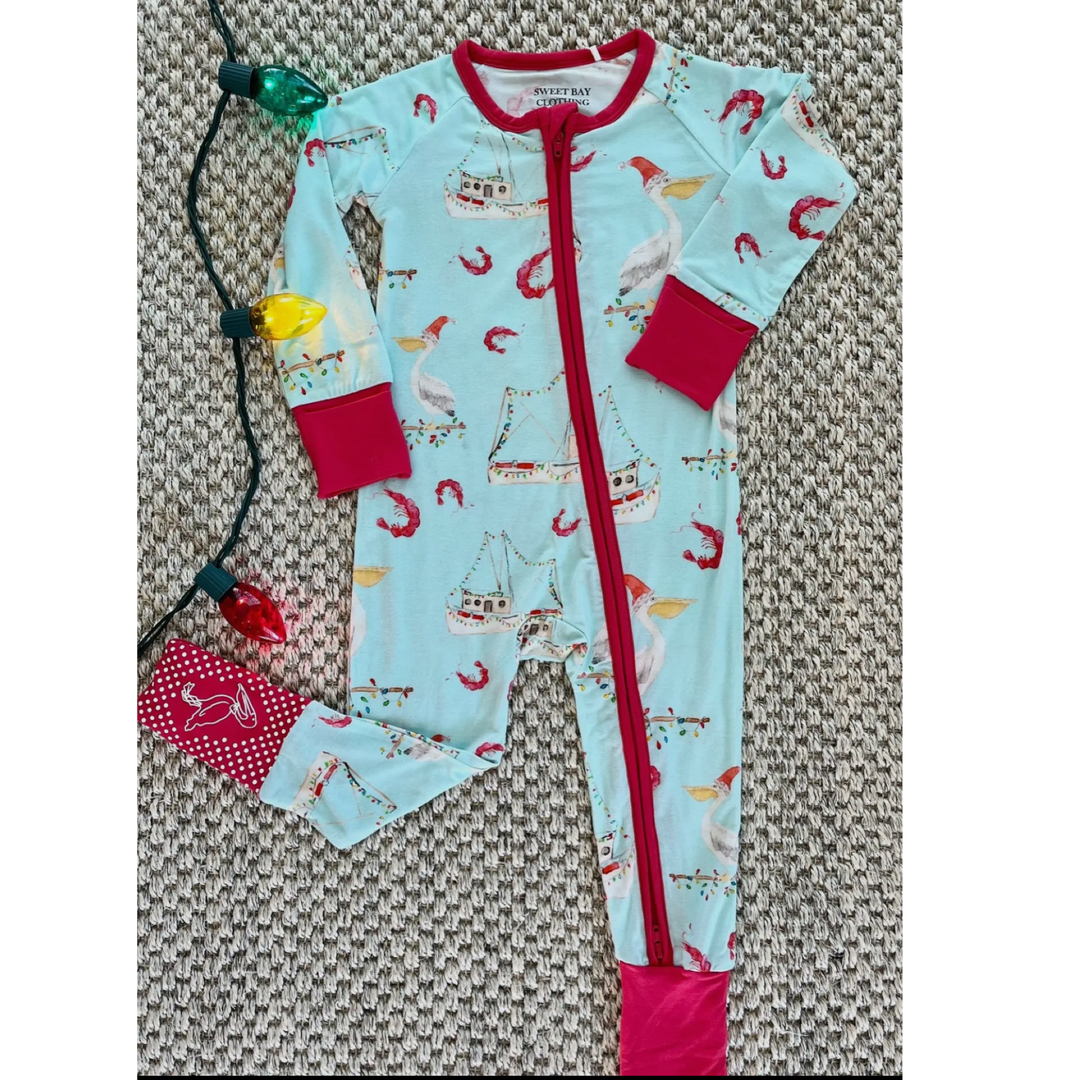 Shrimp Boat Christmas 𝓑𝓪𝓶𝓫𝓸𝓸 Zipper Onesie: 3-6M, 12-18M