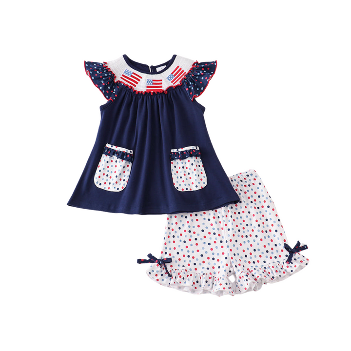 Patriotic Navy Flag Smocked Polka Dots Short Set: 4