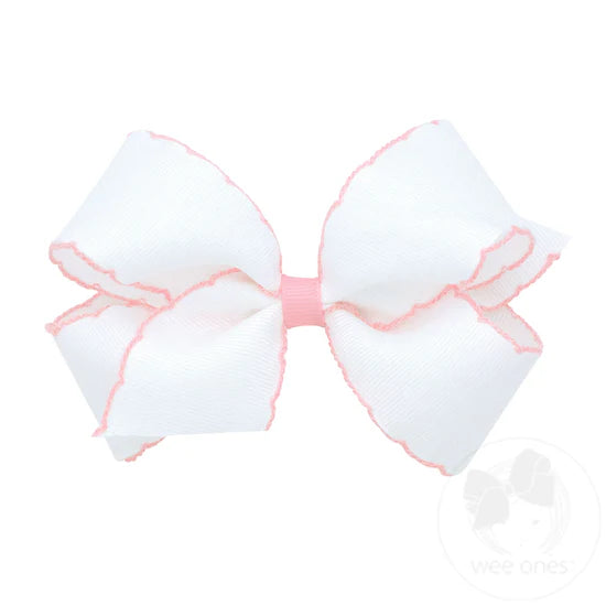 Medium White Grosgrain with Pink Moonstitch Hair bow