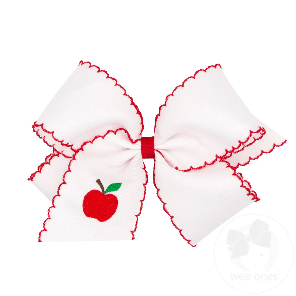 King Grosgrain Hair Bow with Moonstitch Edge and Apple Embroidery
