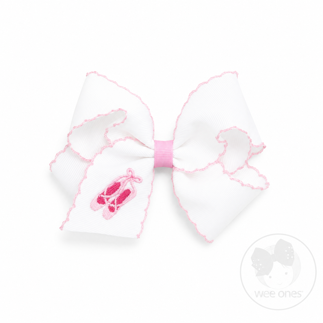 Medium Ballet Slippers Embroidered Grosgrain Hair Bow with Moonstitch Edge