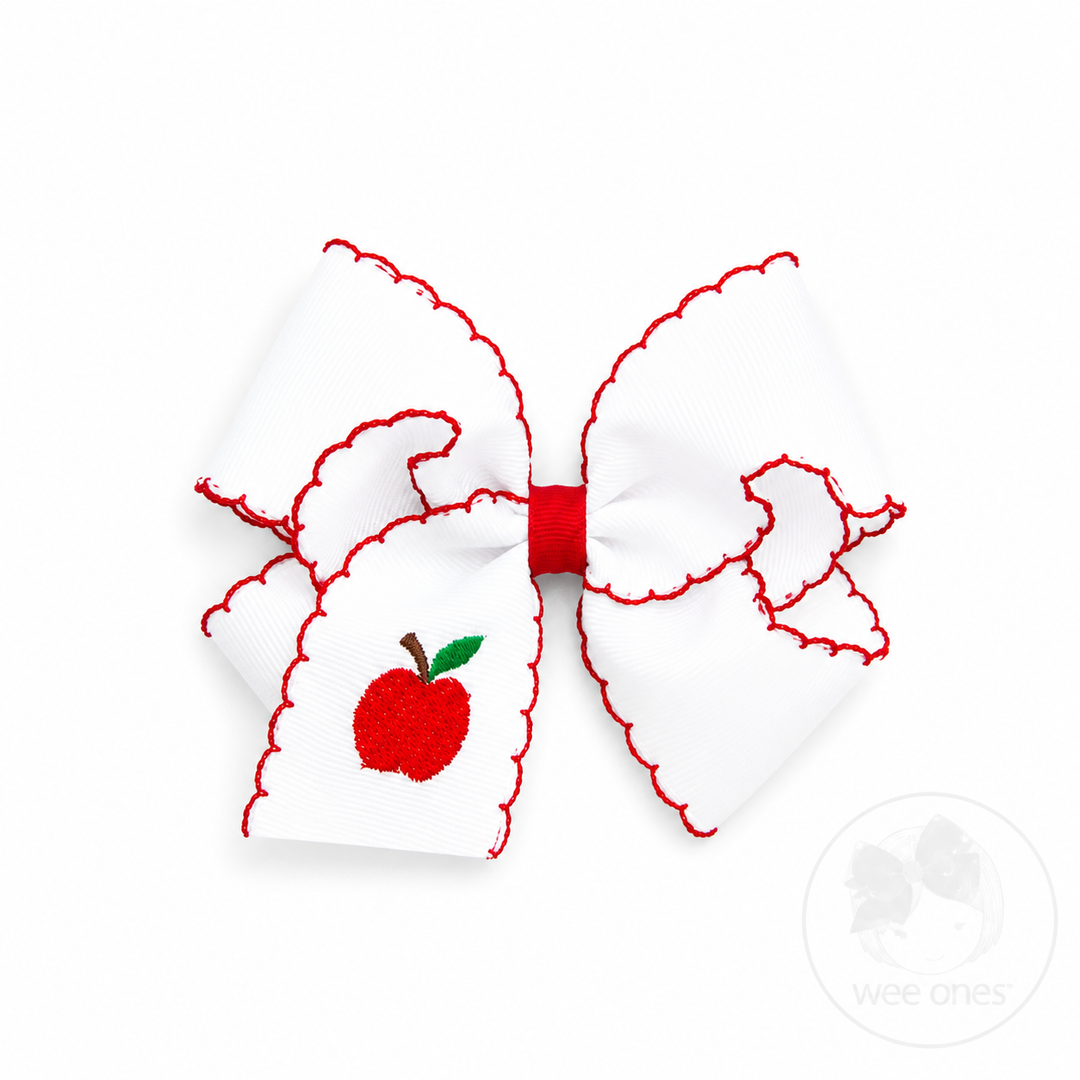 Medium Grosgrain Hair Bow with Moonstitch Edge and Apple Embroidery