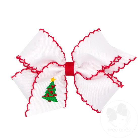 Christmas Tree White with Red Moonstitch Hair Bow