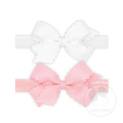 Light Pink and White Mini Grosgrain Scallop Infant Headbands (Two Pack)