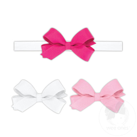 White, Shocking Pink, and Light Pink Tiny Hair Bows with White Elastic Add-A-Bow Headband