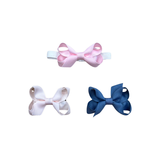 Light Pink, Denim and Pale Peach Tiny Hair Bows with White Elastic Add-A-Bow Headband