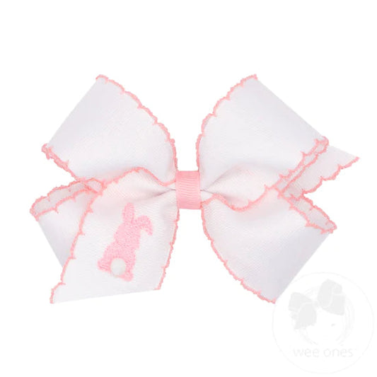 White Grosgrain Embroidered Bunny with Lt. Pink Moonstitch Medium Hair Bow