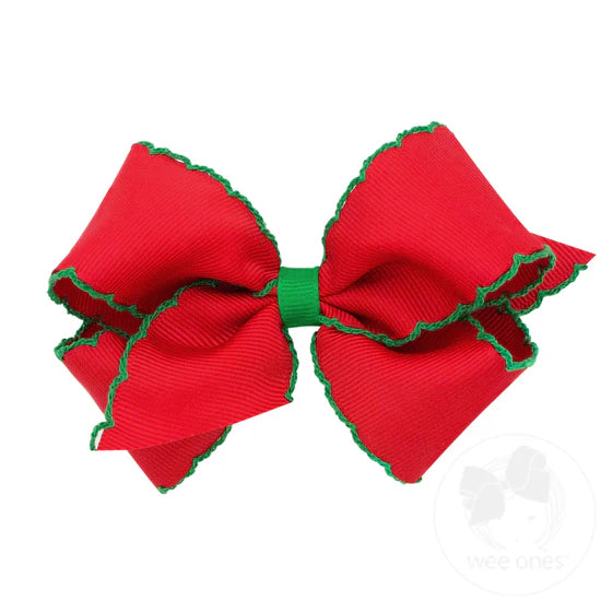 Red Grosgrain with Green Moonstitch Medium Hair Bow