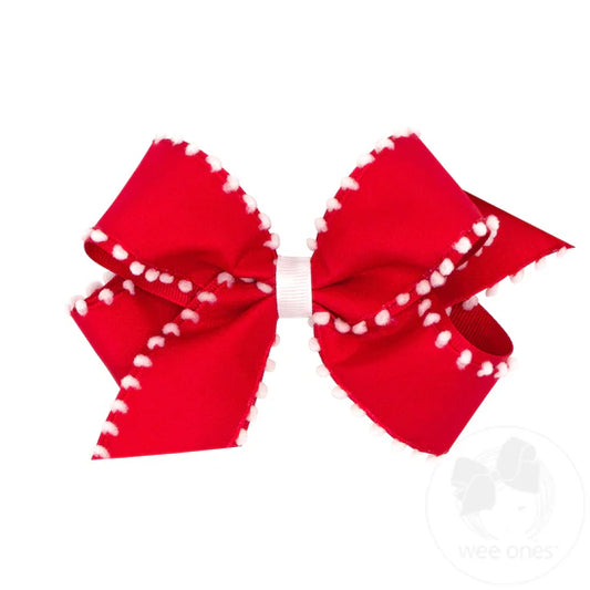 Red Grosgrain Overlay with White Pom Pom Edge Medium Hairbow