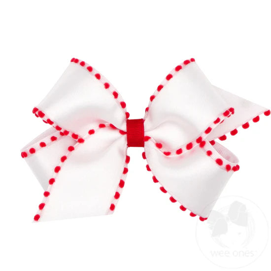 White Grosgrain Overlay with Red Pom Pom Edge Medium Hair Bow