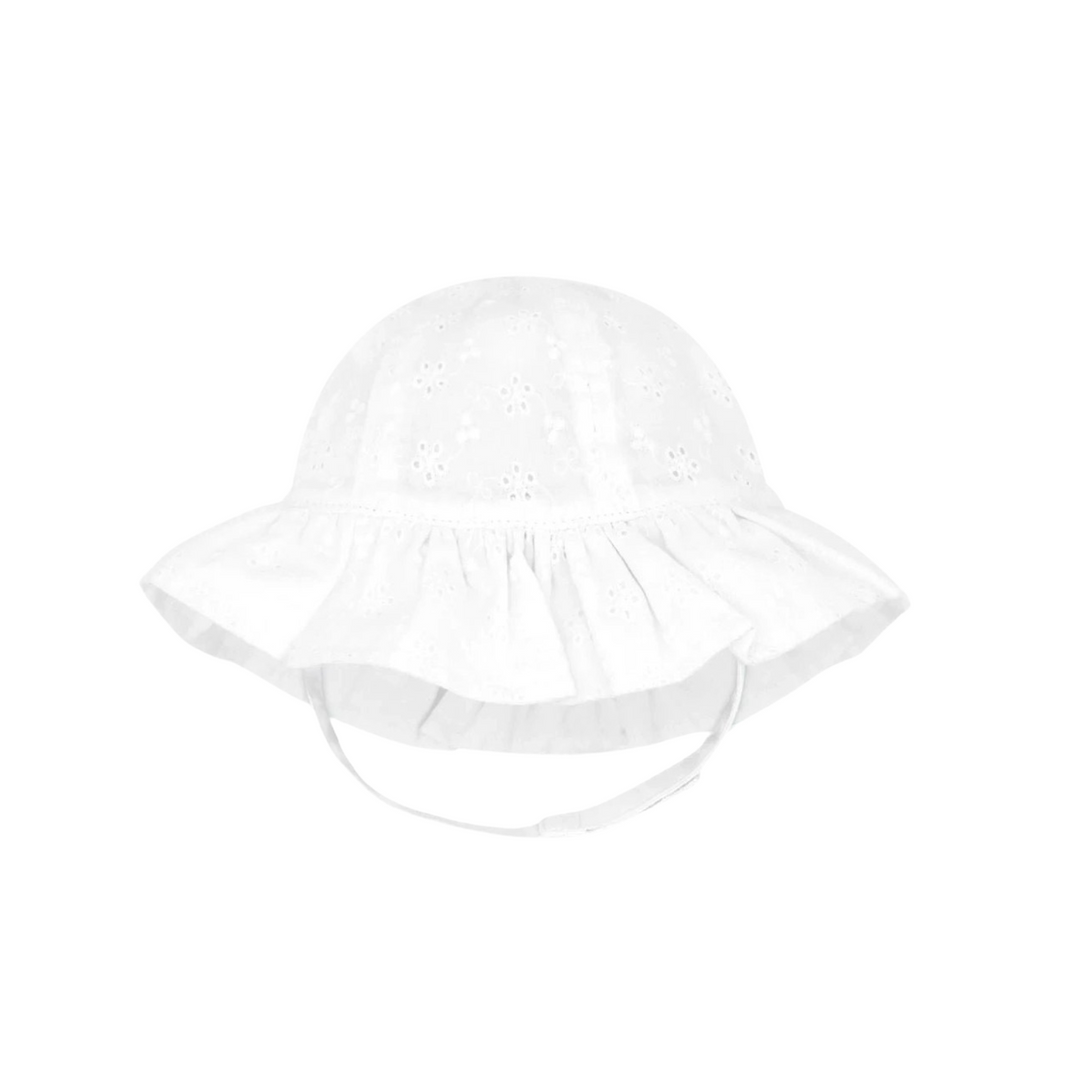 Girls Reversible Ruffle Brim Eyelet Sun Hat - White (Add-A-Bow)