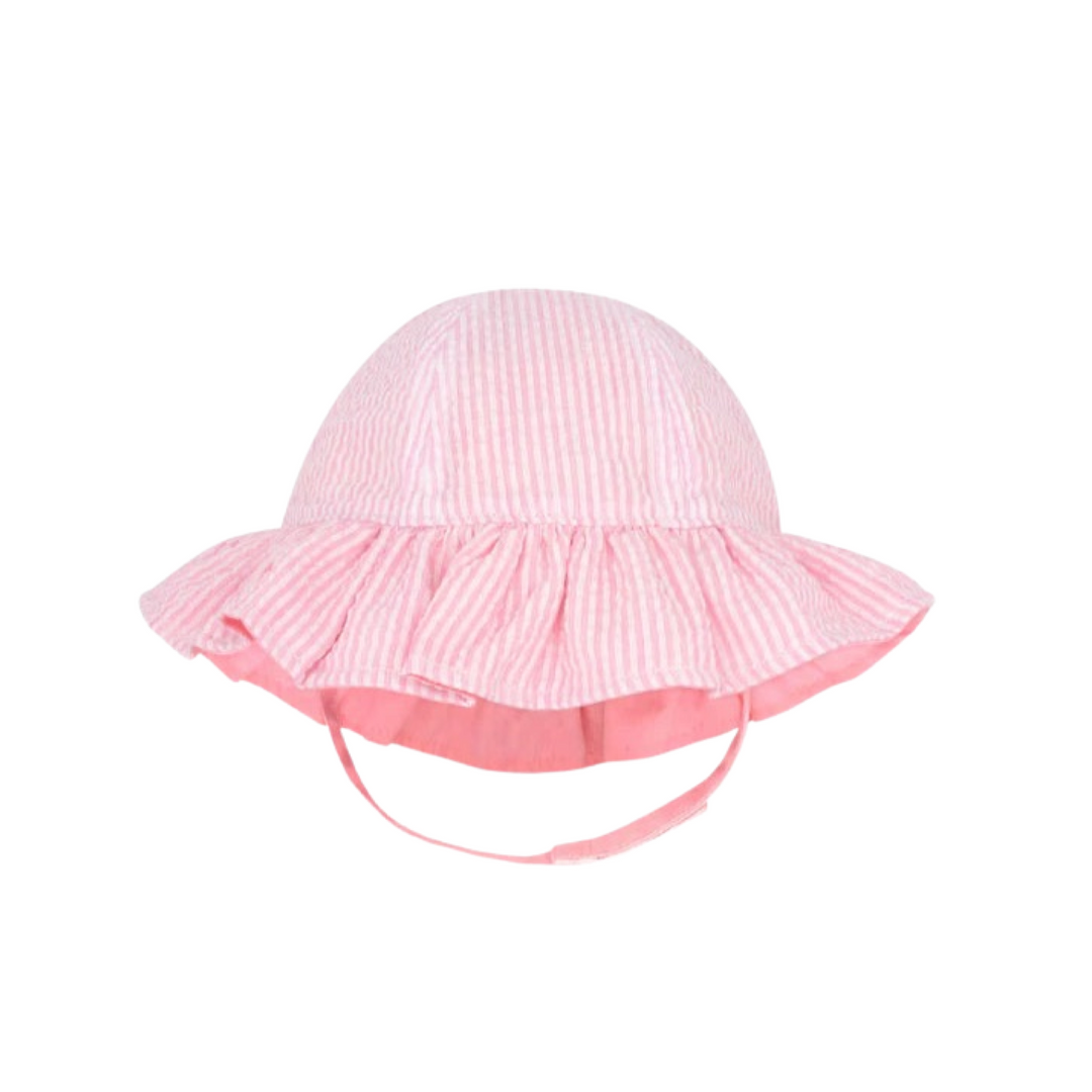 Girls Pink Reversible Seersucker Sun Hat (Add-A-Bow)