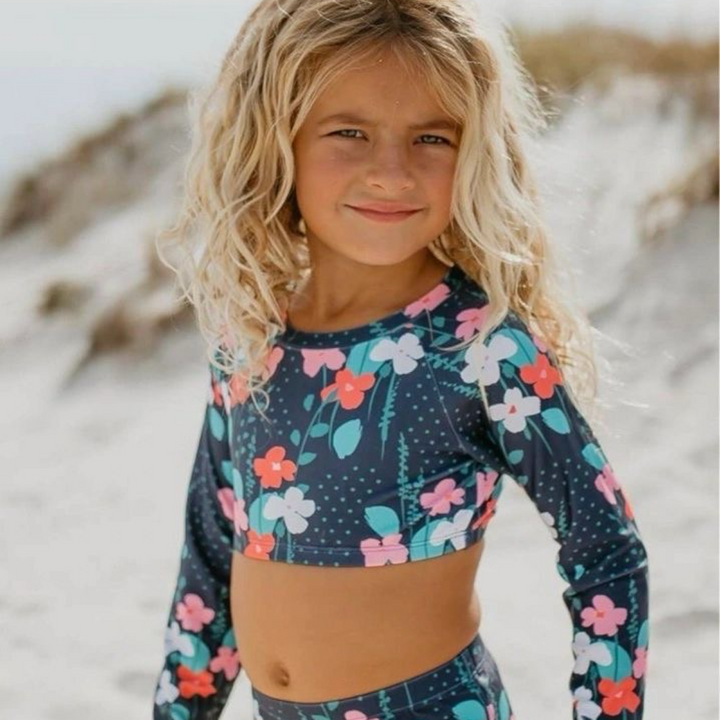 Navy Floral Two Piece Rashguard Swimsuit UPF 50+: 5,8