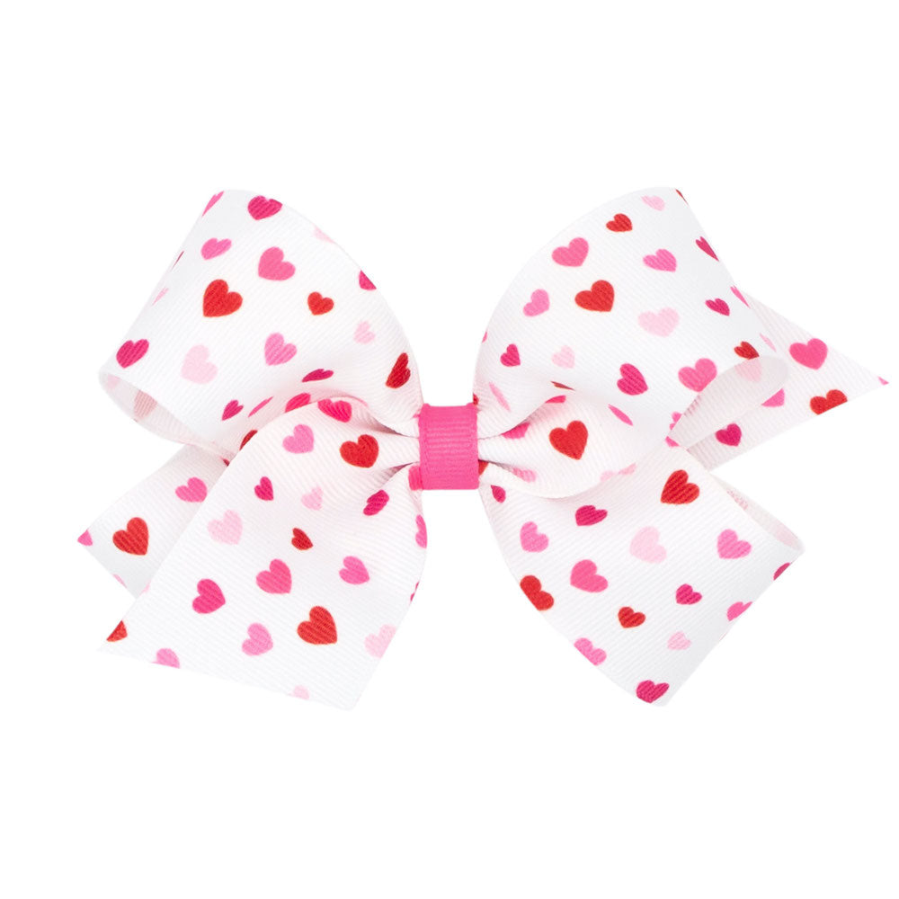 White Grosgrain Pink and Red Hearts Medium Hair Bow