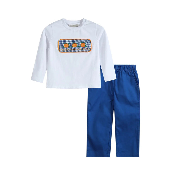 Pumpkin Smocked White Shirt and Blue Pants: 4T, 5