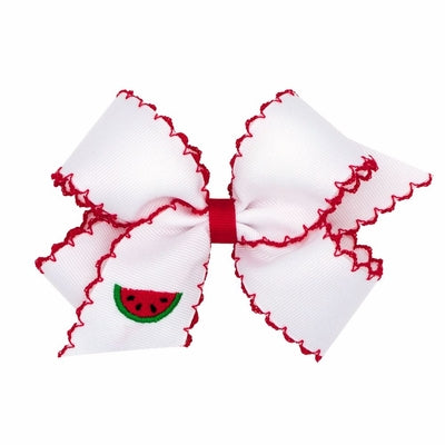 White Grosgrain Embroidered Watermelon with Red Moonstitch Medium Hair Bow