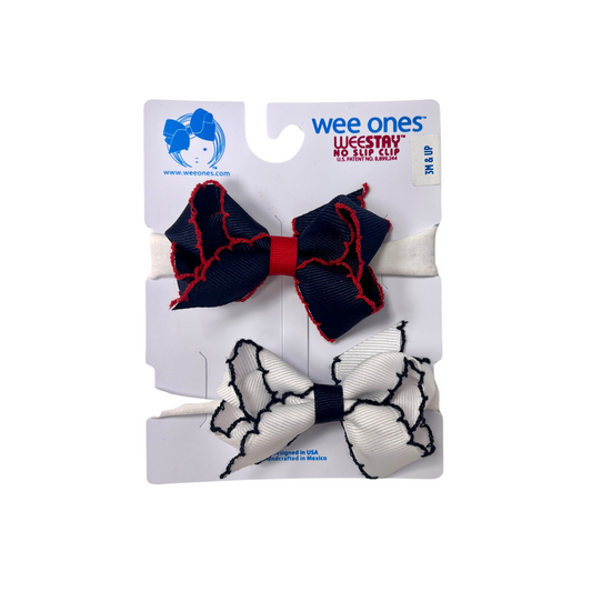 Two Pack Mini Navy and White Grosgrain Hair Bows with Contrasting Navy and Red Moonstitch