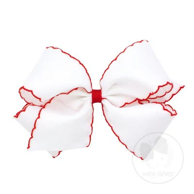 White Grosgrain with Red Moonstitch King Hair Bow