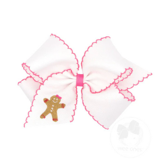 White Grosgrain Embroidered Gingerbread with Hot Pink Moonstitch Hair Bow