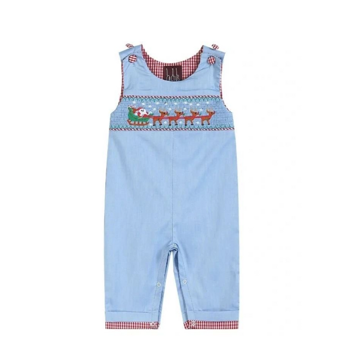 Light Blue Santa and Sleigh Boys Smocked Overalls