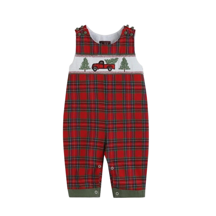 Red and Green Plaid Truck & Tree Smocked Overalls