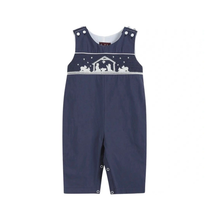 Dark Blue Nativity Smocked Christmas Boys Overalls