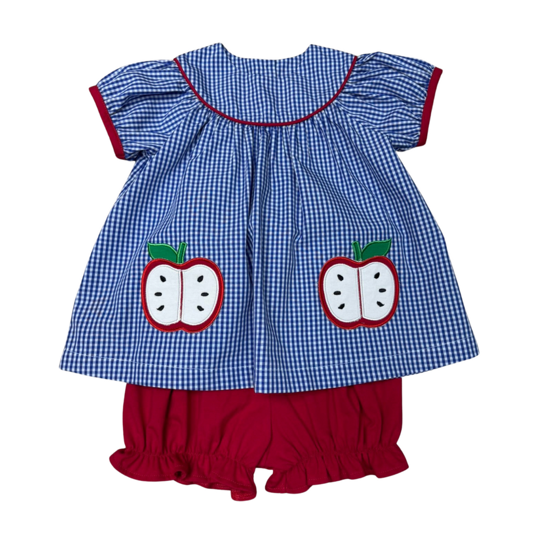 Girls Round Collar Applique Apple Pockets Bloomer Set