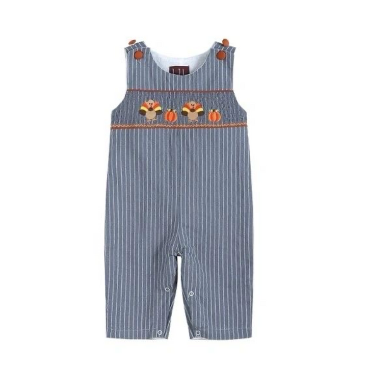 Blue-Gray Striped Turkey Smocked Overalls: 12-18M